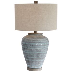 Pelia 1-Light Table Lamp in Aqua Blue Crackle Glaze With Light Gray Textured Pattern