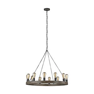 Avenir 12 Light Chandelier in Weathered Oak Wood And Antique Forged Iron by Sean Lavin