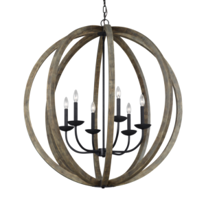 Allier 6 Light Pendant Light in Weathered Oak Wood And Antique Forged Iron by Sean Lavin