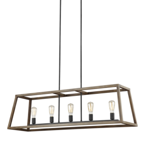 Gannet 5 Light Kitchen Island Light in Weathered Oak Wood And Antique Forged Iron by Sean Lavin