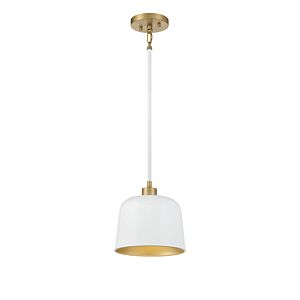Meridian 1 Light Pendant in White with Natural Brass