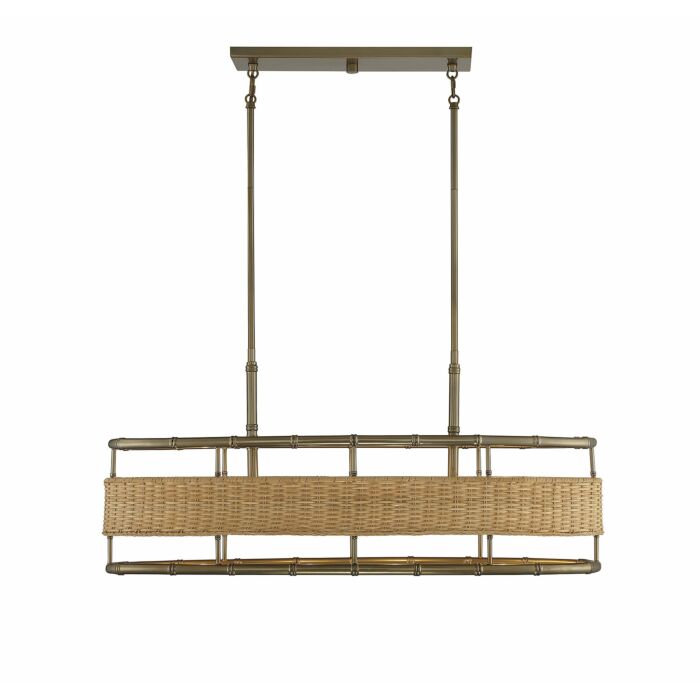 Savoy House Arcadia 4 Light Linear Chandelier in Burnished Brass with Natural Rattan