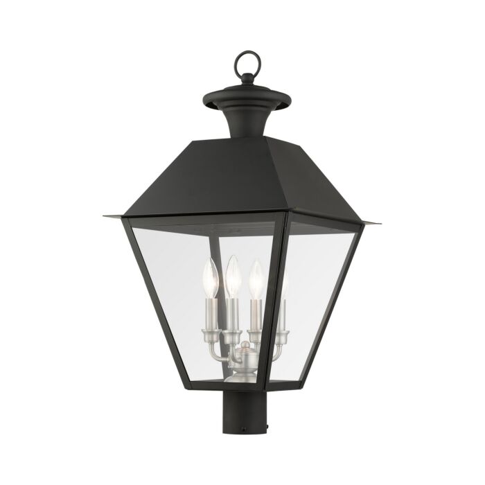 Wentworth 4-Light Outdoor Post Top Lantern in Black w with Brushed Nickel Cluster