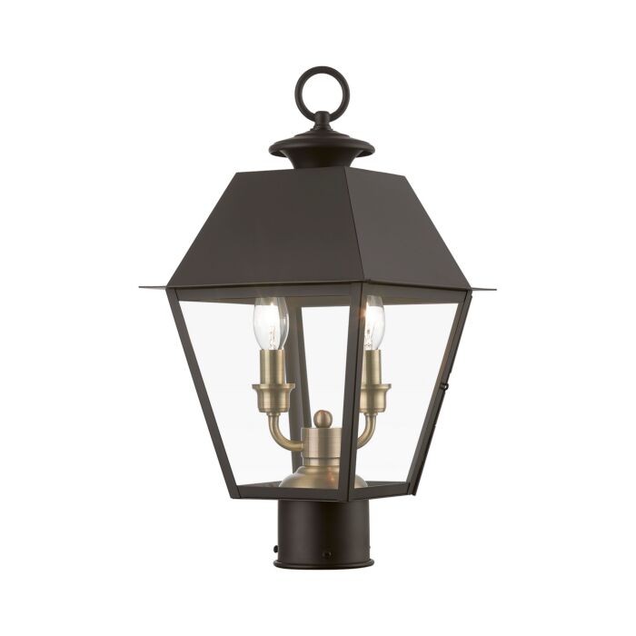 Wentworth 2-Light Outdoor Post Top Lantern in Bronze w with Antique Brass Finish Cluster