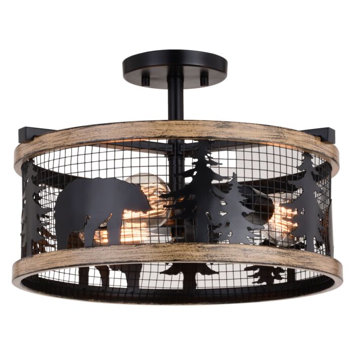Kodiak 3-Light Semi-Flush Mount in Black and Burnished Teak