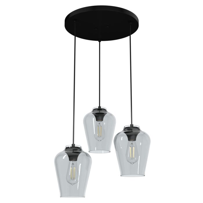 Hunter Vidria Smoked Glass 3-Light Round Pendant Cluster in Matte Black