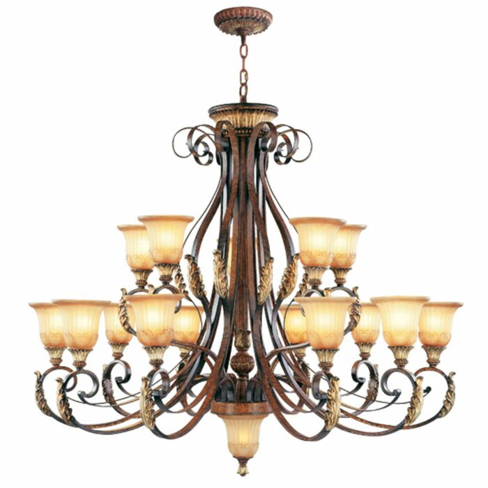 Villa Verona 15-Light Chandelier in Hand Applied Verona Bronze w with Aged Gold Leafs