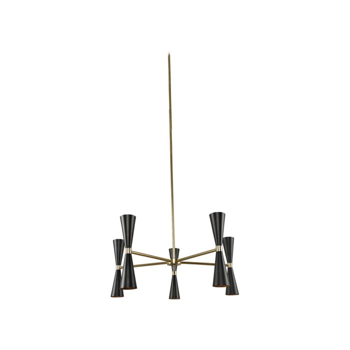 Kalco Milo 10 Light Mid Century Modern Chandelier in Black and Vintage Brass