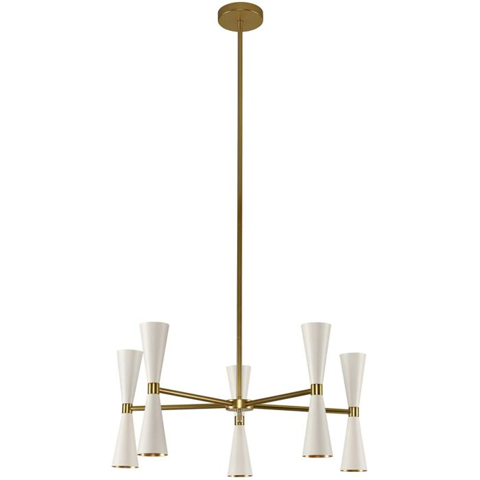 Kalco Milo 10 Light Mid Century Modern Chandelier in White and Vintage Brass