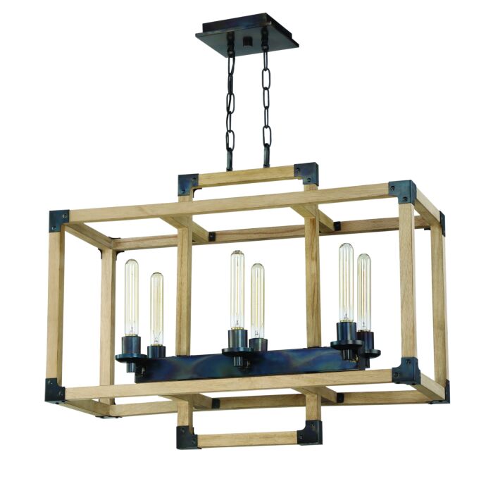 Craftmade Cubic 6 Light 30 Inch Transitional Chandelier in Fired Steel with Natural Wood