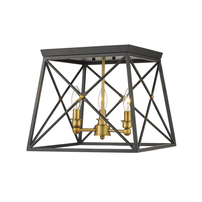 Z Lite Trestle 3 Light Flush Mount Ceiling Light In Matte Black With Olde Brass