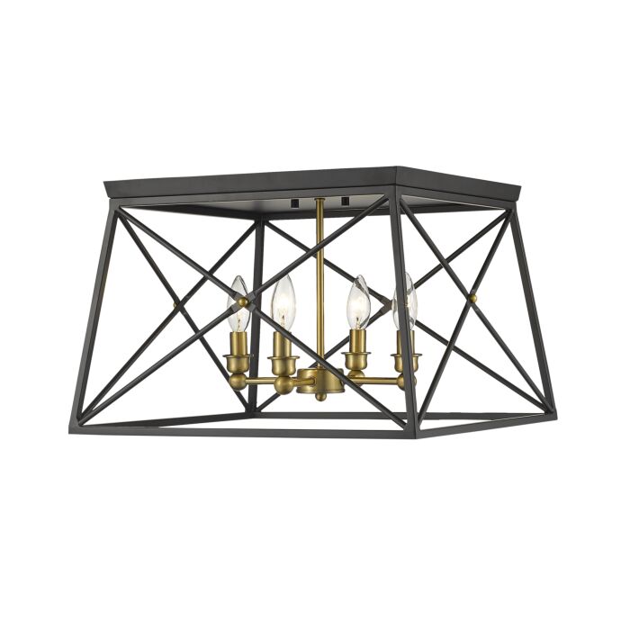 Z Lite Trestle 4 Light Flush Mount Ceiling Light In Matte Black With Olde Brass