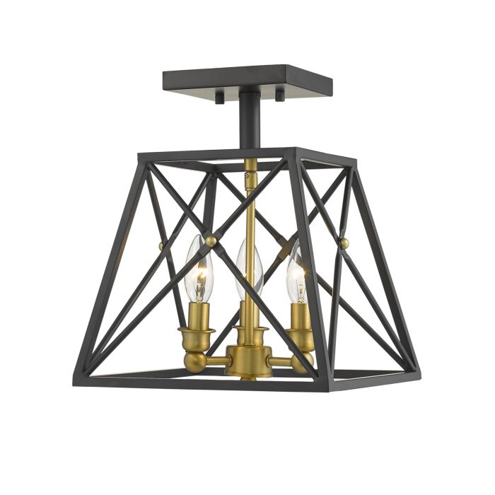 Z Lite Trestle 3 Light Semi Flush Mount Ceiling Light In Matte Black With Olde Brass
