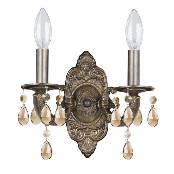 Crystorama Paris Market 2 Light 12 Inch Wall Sconce in Venetian Bronze with Golden Teak Hand Cut Crystals