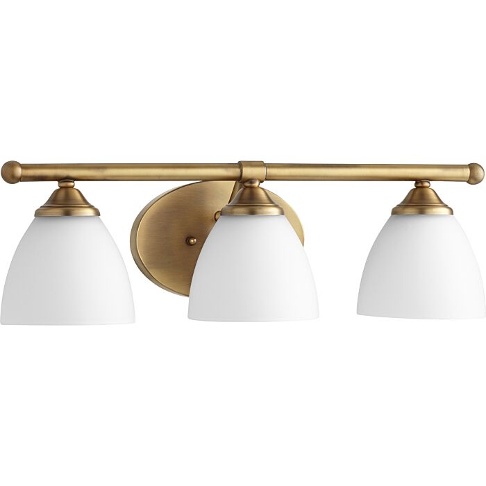 Quorum Brooks 3 Light 7 Inch Bathroom Vanity Light in Aged Brass with Satin Opal