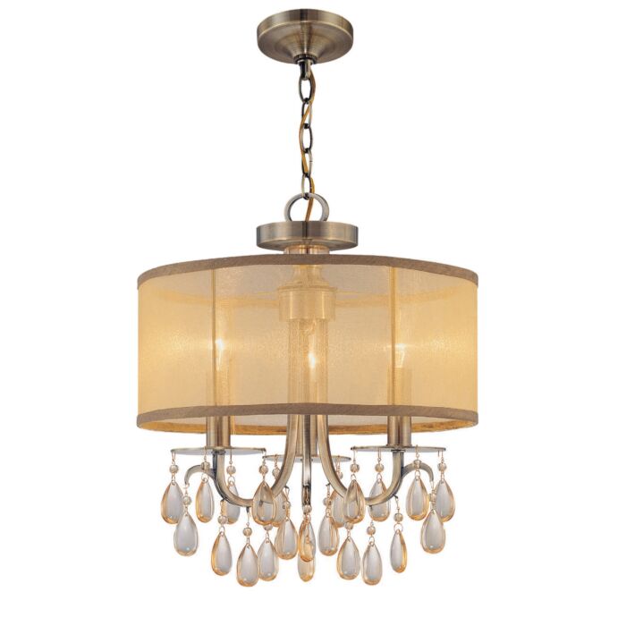 Crystorama Hampton 3 Light 17 Inch Mini Chandelier in Antique Brass with Etruscan Teardrop Almond Crystals