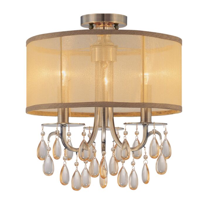 Crystorama Hampton 3 Light 14 Inch Ceiling Light in Antique Brass with Etruscan Teardrop Almond Crystals