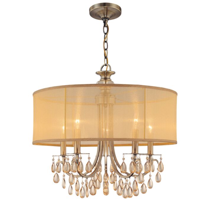 Crystorama Hampton 5 Light Chandelier in Antique Brass with Etruscan Teardrop Almond Crystals