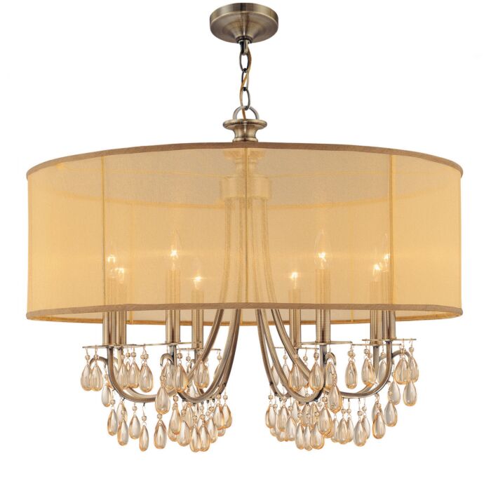 Crystorama Hampton 8 Light 26 Inch Transitional Chandelier in Antique Brass with Etruscan Teardrop Almond Crystals