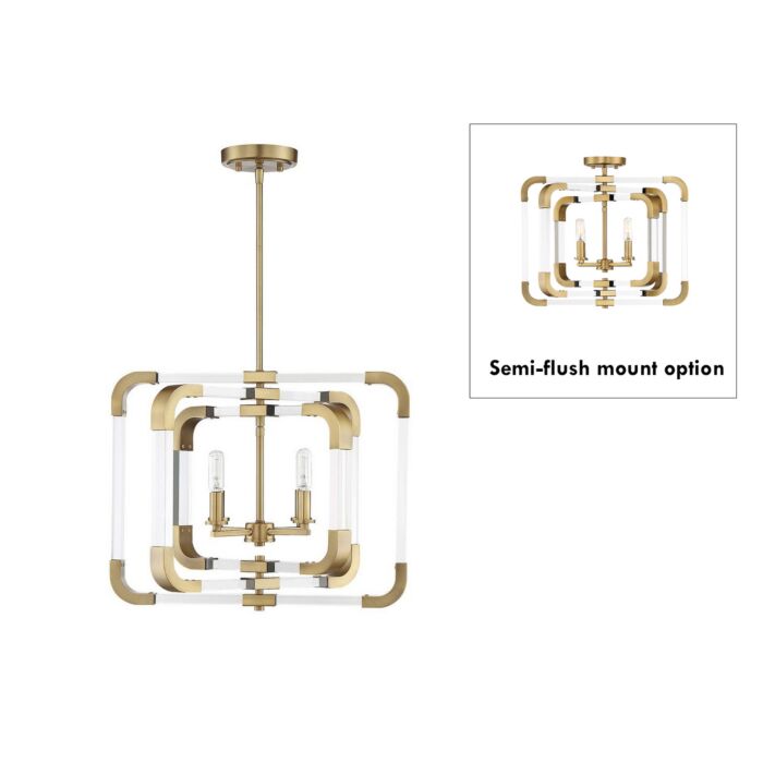 Savoy House Rotterdam by Brian Thomas 4 Light Convertible Semi Flush or Pendant in Warm Brass
