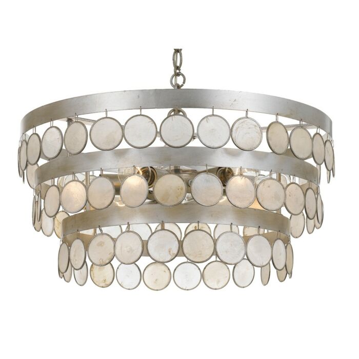 Crystorama Coco 6 Light 12 Inch Coastal Chandelier in Antique Silver with Capiz Shell Crystals