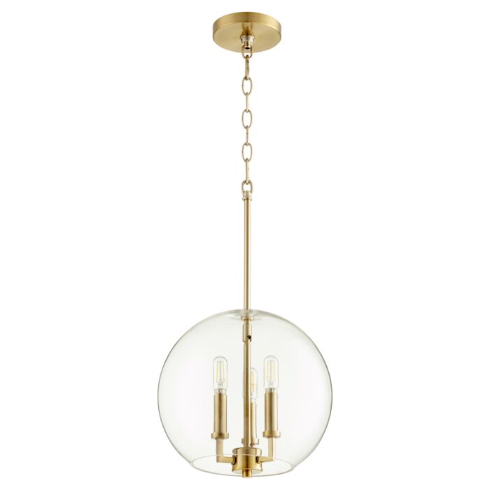 Quorum Globe Pendant 3 Light 12 Inch Pendant Light in Aged Brass