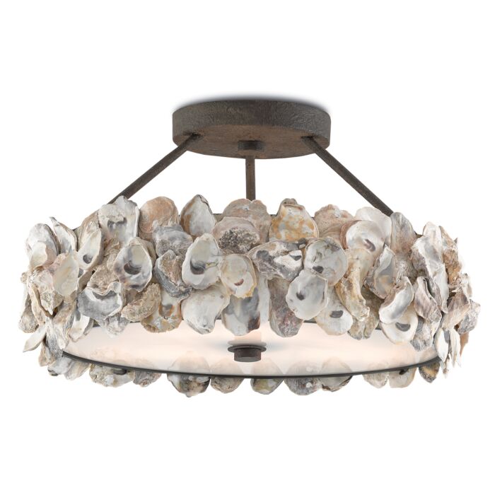 Currey & Company 3 Light Oyster Ceiling Light in Textured Bronze and Natural