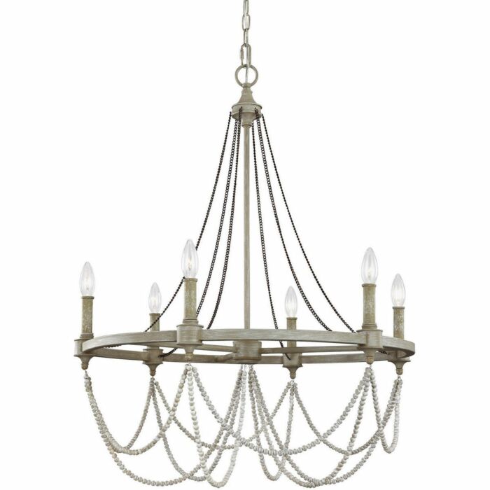 Beverly 6 Light Chandelier in French Washed Oak And Distressed White Wood by Sean Lavin