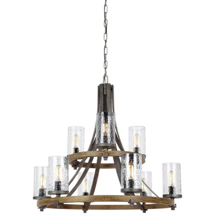 Feiss Angelo 9 Light Chandelier in Distressed Oak/Slate Grey Metal