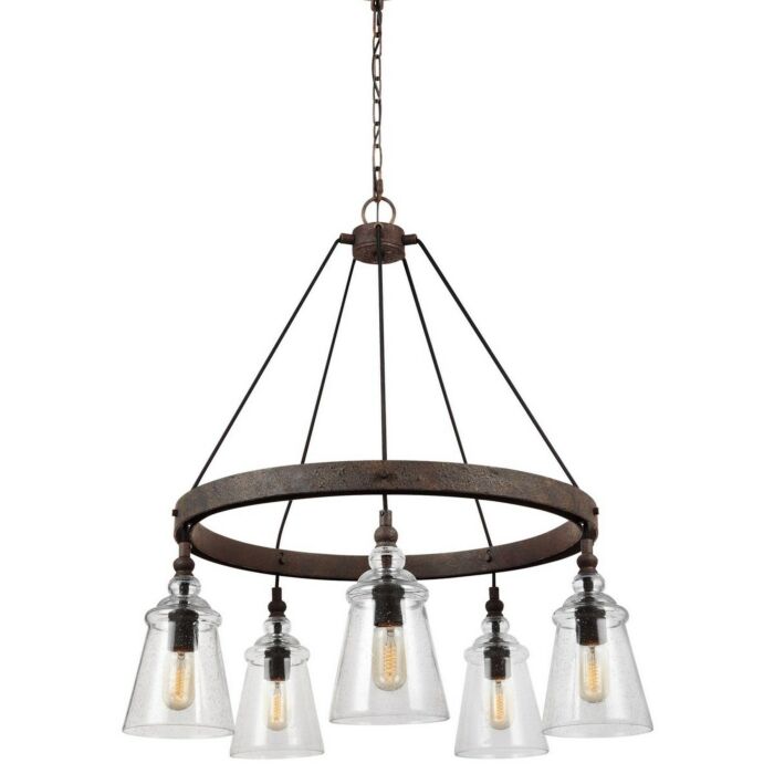 Feiss Loras 27 Inch 5 Light Clear Seeded Chandelier in Dark Weathered Iron