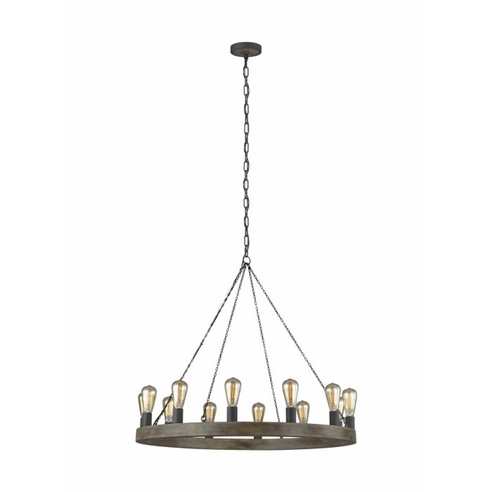 Avenir 12 Light Chandelier in Weathered Oak Wood And Antique Forged Iron by Sean Lavin