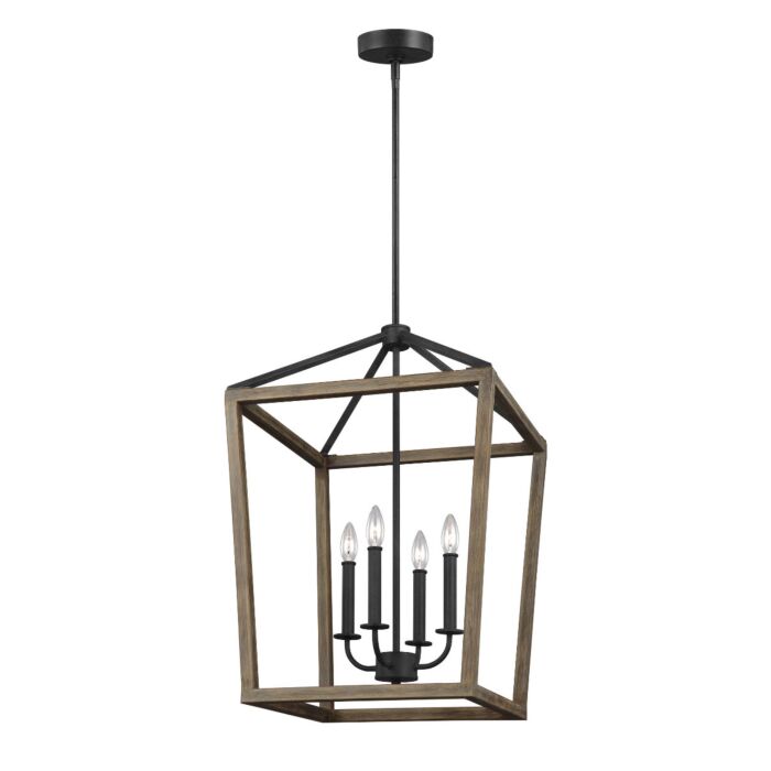 Gannet 4 Light Chandelier in Weathered Oak Wood And Antique Forged Iron by Sean Lavin