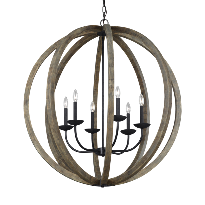 Allier 6 Light Pendant Light in Weathered Oak Wood And Antique Forged Iron by Sean Lavin