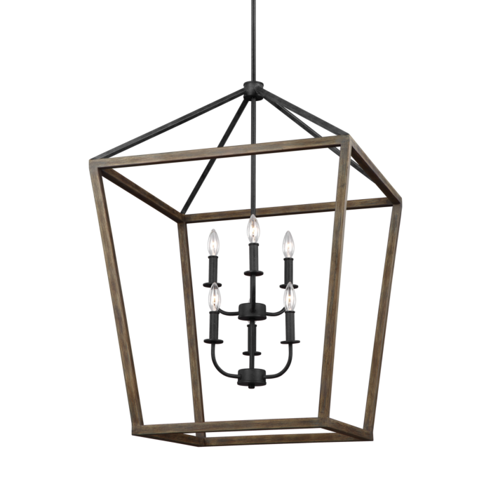 Gannet 6 Light Chandelier in Weathered Oak Wood And Antique Forged Iron by Sean Lavin