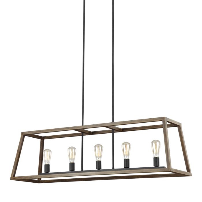 Gannet 5 Light Kitchen Island Light in Weathered Oak Wood And Antique Forged Iron by Sean Lavin