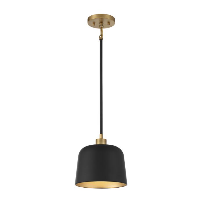 Meridian 1 Light Pendant in Matte Black with Natural Brass