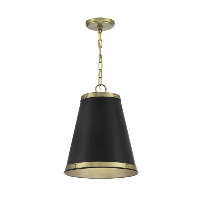 Meridian 1 Light Pendant in Matte Black with Natural Brass