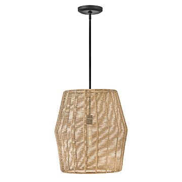 Hinkley Luca 1-Light Pendant In Black With Camel Rattan Shade