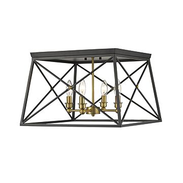 Z-Lite Trestle 4-Light Flush Mount Ceiling Light In Matte Black With Olde Brass