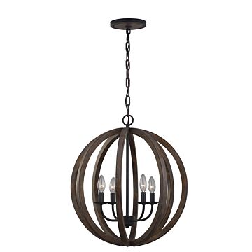Allier Four Light Pendant in Weathered Oak Wood   Antique Forged Iron by Visual Comfort Studio