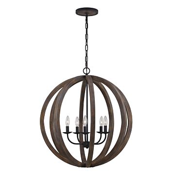 Allier Five Light Pendant in Weathered Oak Wood   Antique Forged Iron by Visual Comfort Studio