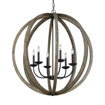 Allier Six Light Pendant in Weathered Oak Wood   Antique Forged Iron by Visual Comfort Studio