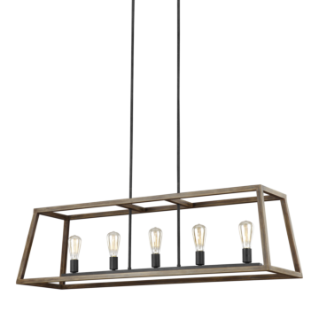 Gannet Five Light Linear Chandelier in Weathered Oak Wood   Antique Forged Iron by Visual Comfort Studio