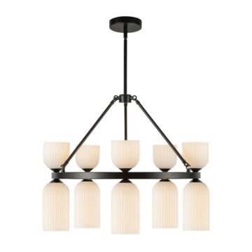 Nelly  Chandelier in Matte Black Glossy Ribbed Opal Glass by Alora