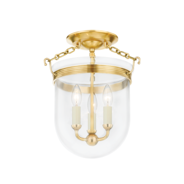 Rousham Three Light Semi Flush Mount in Aged Brass by Hudson Valley